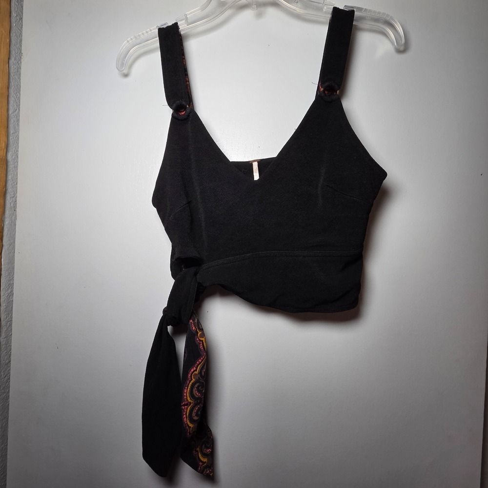 Free People Women's Assymetrical Black Tank Top Crop Top Size XS Side Tie Boho
